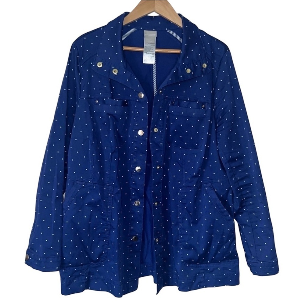 Chico’s Luxe Twill Blue Polka Dotted Utility Jacket Cotton Blend Size 1 (8-10)